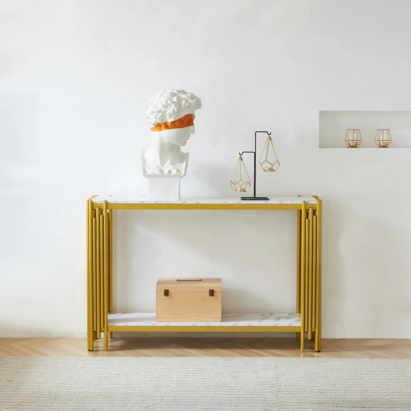 2 Tier Faux Marbling Console Table, Living Room Sofa Table, Modern Narrow Entryway Table, Hallway Entrance Table