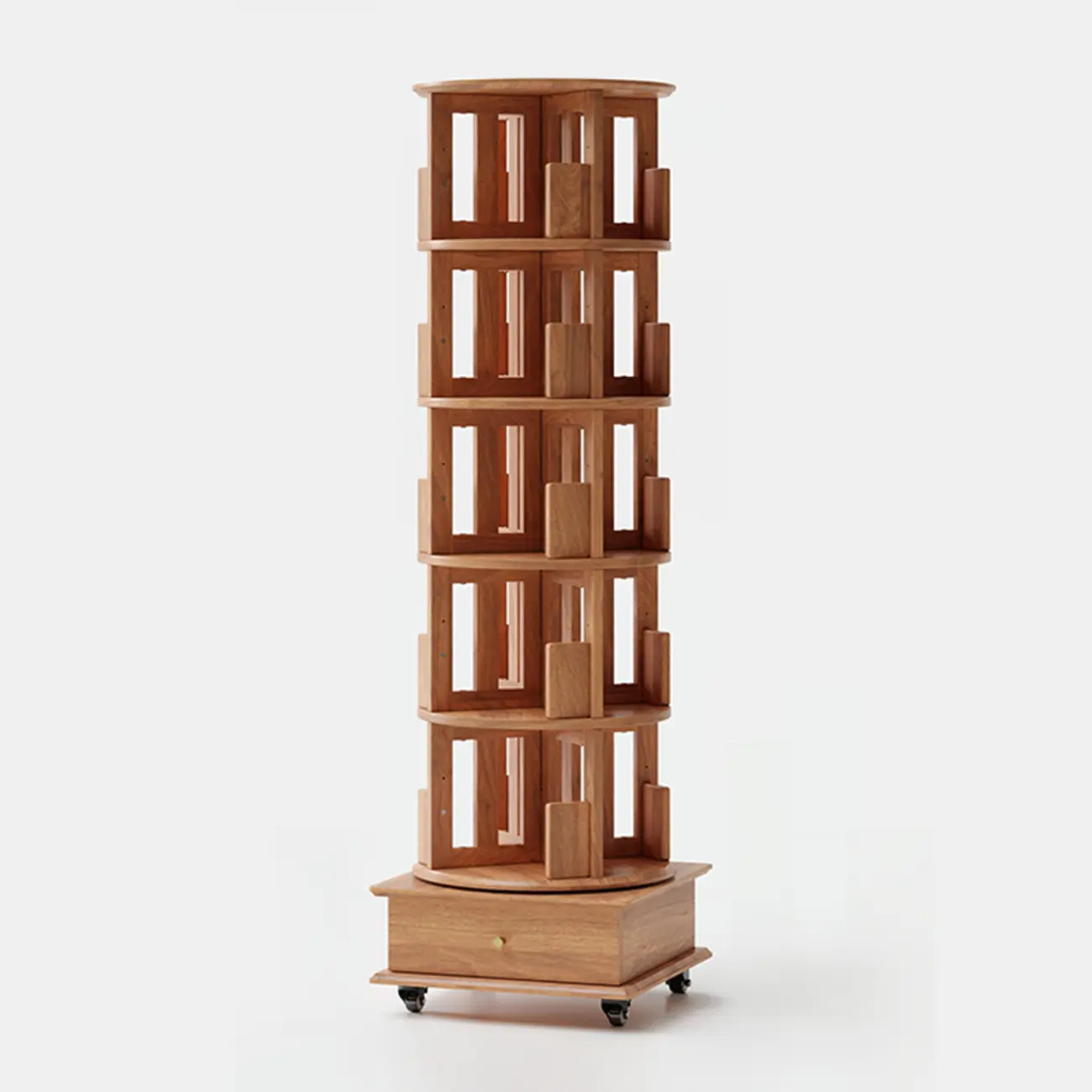 Cylindrical Movable 360° Rotating Wooden Bookshelf with Drawer