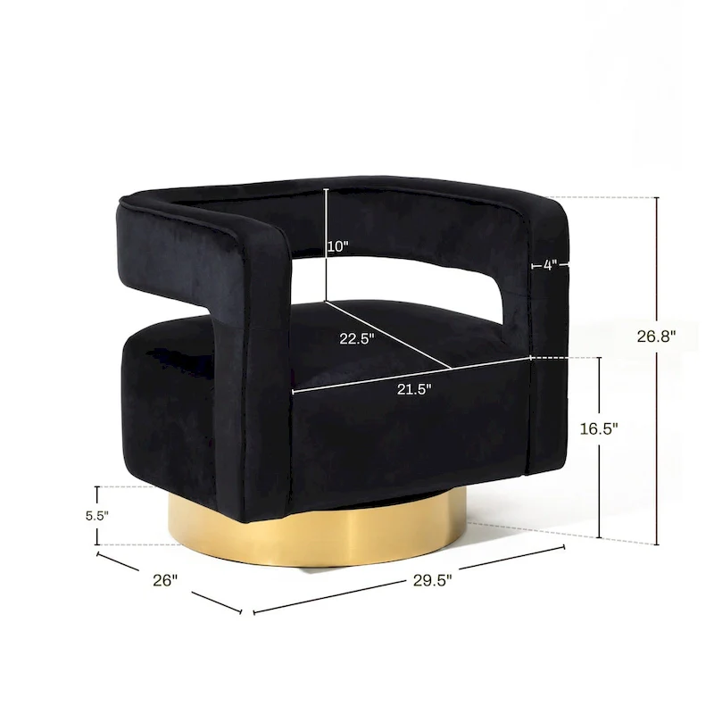 Upholstered Black Velvet Open Back Club Chair with Gold Base - 26.8  H x 29.5  W x 26  D