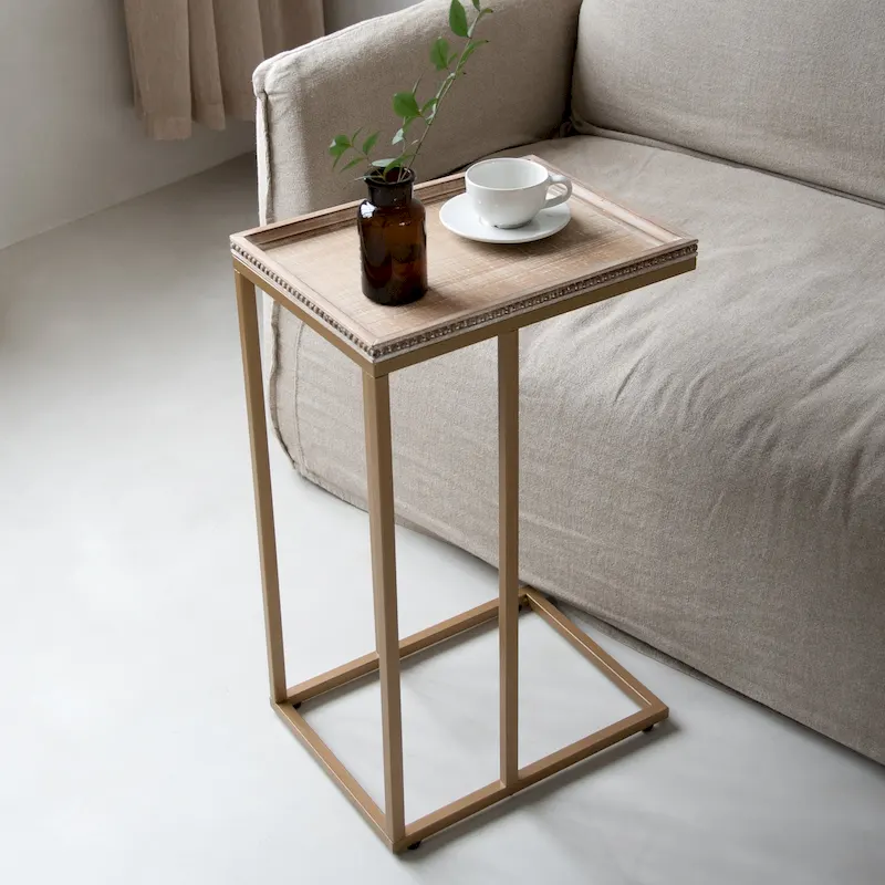 Distressed Wood C-Shaped End Table with Metal Base