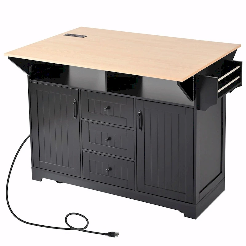 55.7 Kitchen Island with Drop Leaves, Rolling Cart with Power Outlet, Spice Rack, and 3 Drawers