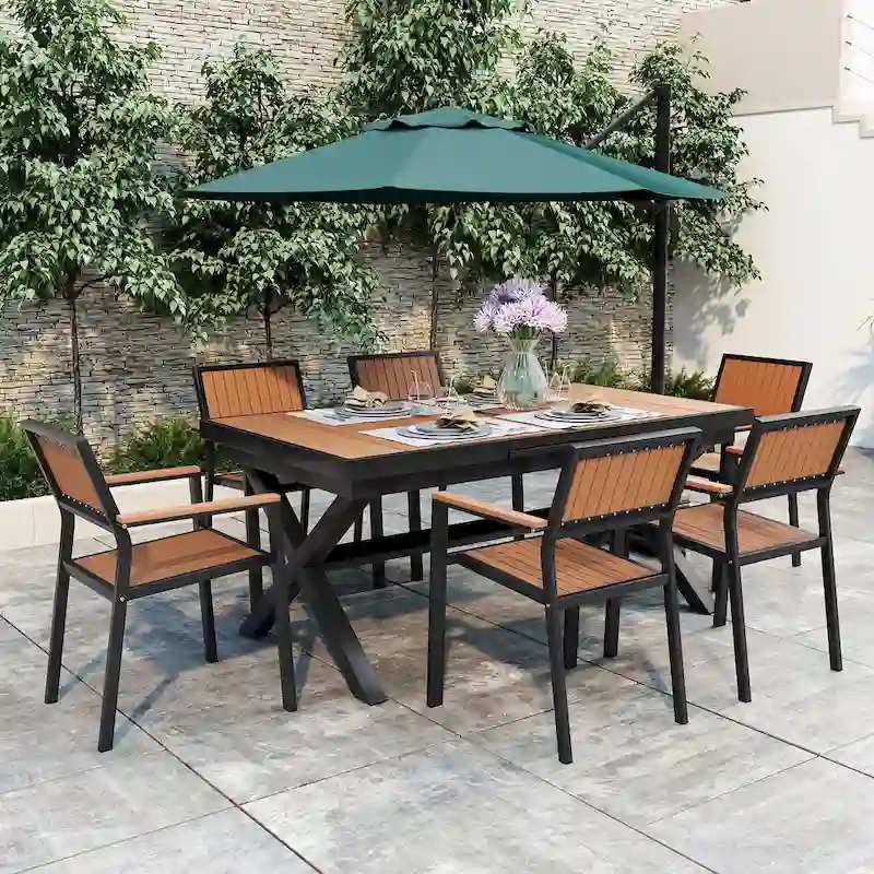 7 Piece Outdoor Patio Dining Table Set and 6 Arm Chairs Extendable Rectangular Dining Table Poolside Casual Picnic Table