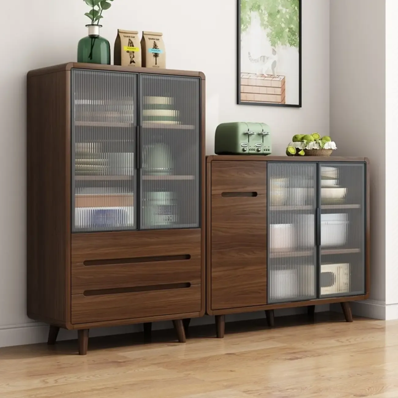 Modern Wood Narrow Sideboard Glass Door Storage