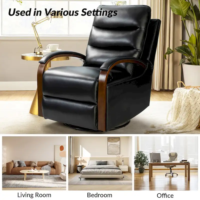 Leopold Modern Genuine Leather Swivel Rocking Manual Recliner Chair with Wooden Arm Accents by HULALA HOME