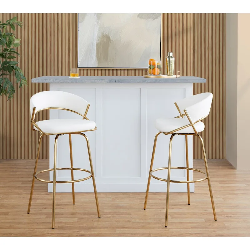 Faux Leather Swivel Bar Stool, Set of 2 – Black or White & Gold or Black Metal