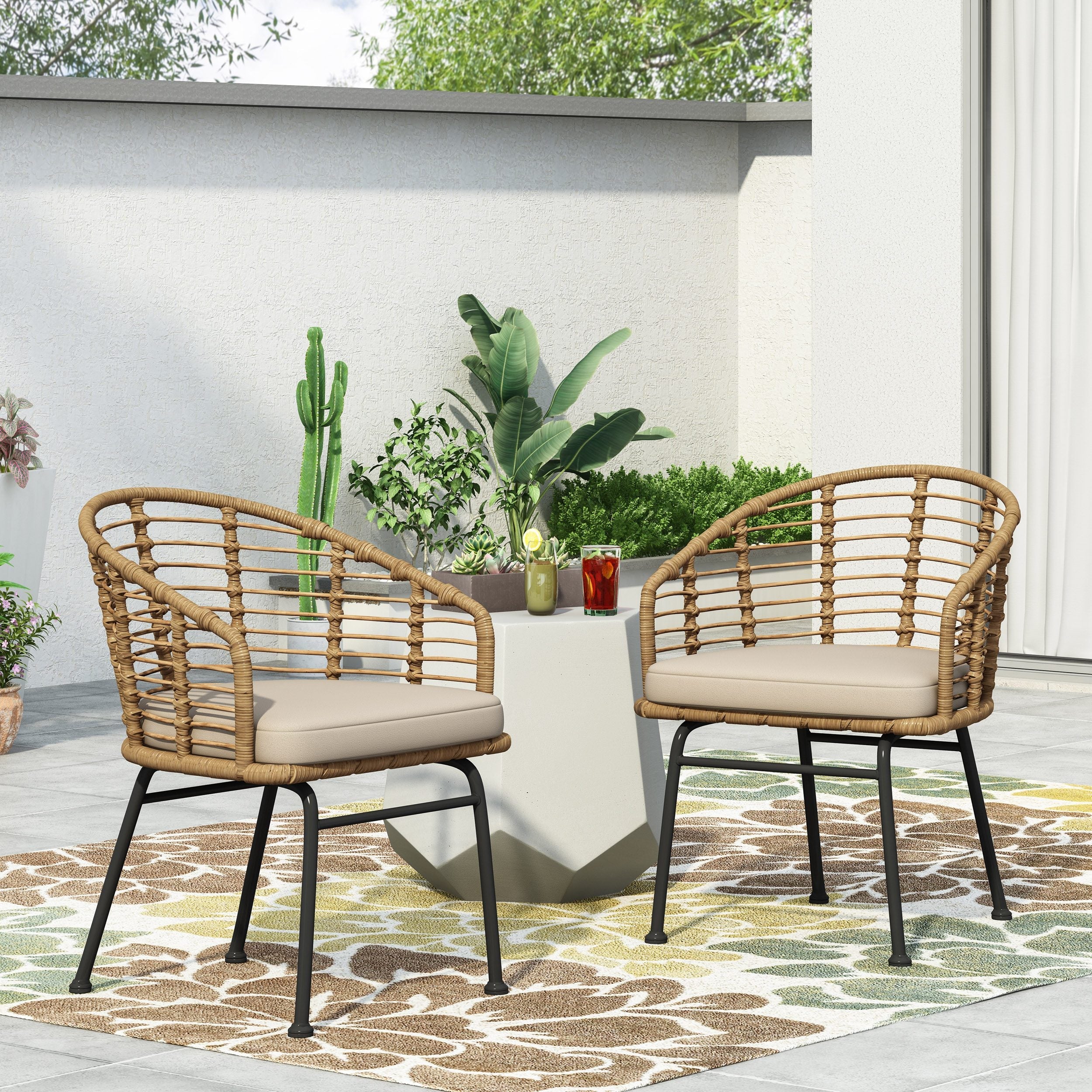 Outdoor Wicker Chair with Water Resistant Cushion, Set of 2, Light Brown and Beige - NH799413