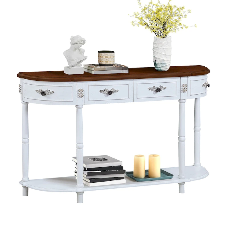 52 inch Circular Half Moon Sofa Table with Open Shelf and 2 Drawers