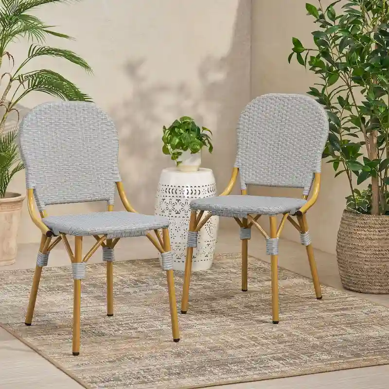 Arthur Outdoor French Cafe Chairs - Aluminum and Wicker - Gray/Bamboo Finish (Set of 2) - 17.75 L x 23.00 W x 34.50 H