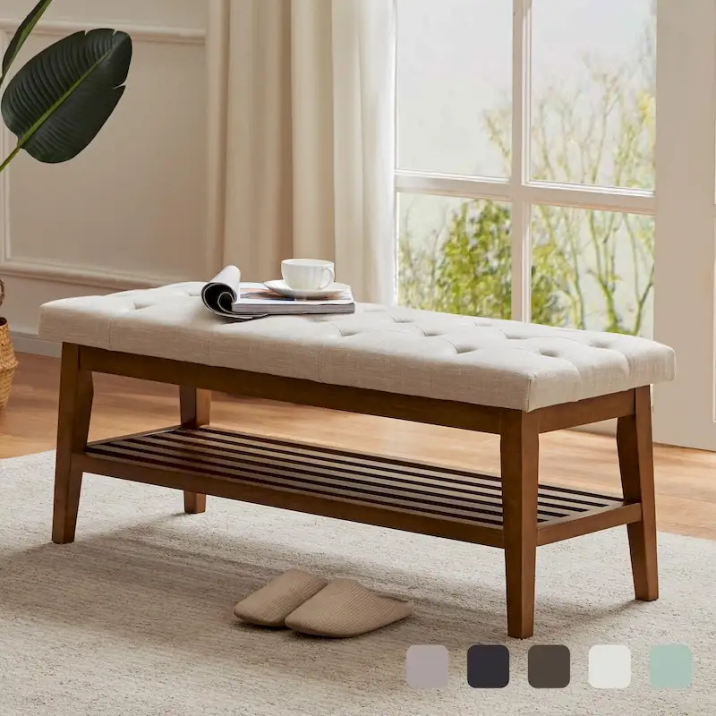 43-inch Fabric Solid Wood Upholstered Storage Bench for Entryway, Living Room, Bedroom