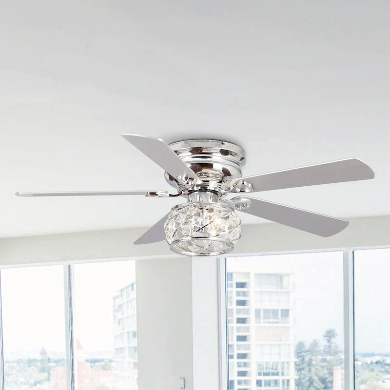 48  Chrome Wooden 5-Blade Crystal Flush Mount Ceiling Fan with Remote