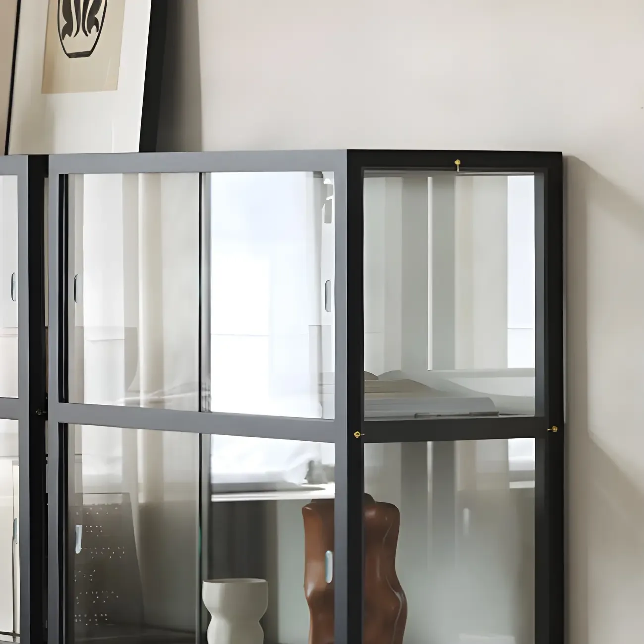 Modern Black Glass Display Cabinet with Metal Frame