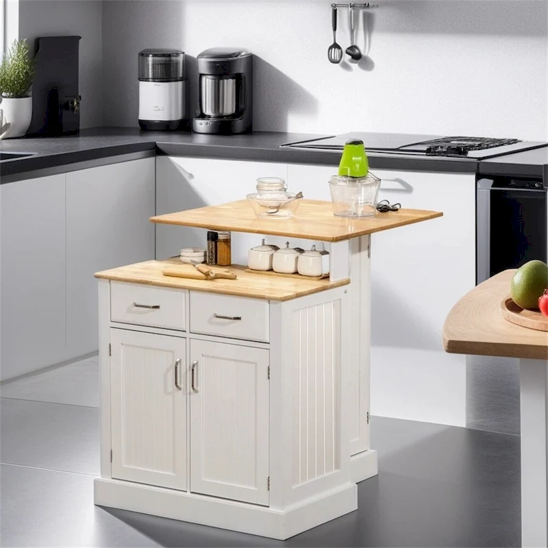 Kitchen Island w/Storage Cabinet and Rubber Wood Tabletop,Island Table