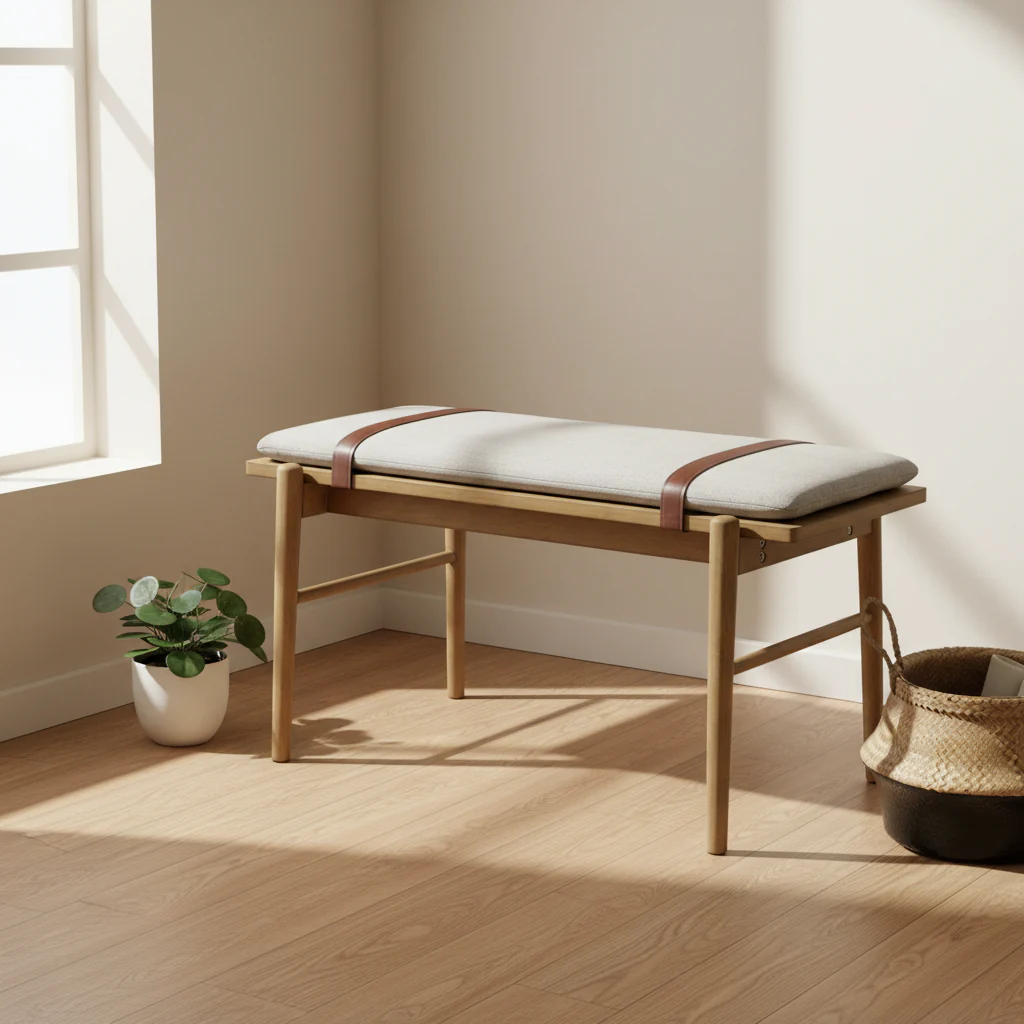 Mid-Century Light Brown Bench with Removable Ivory Cushion for Bedroom and Hallway