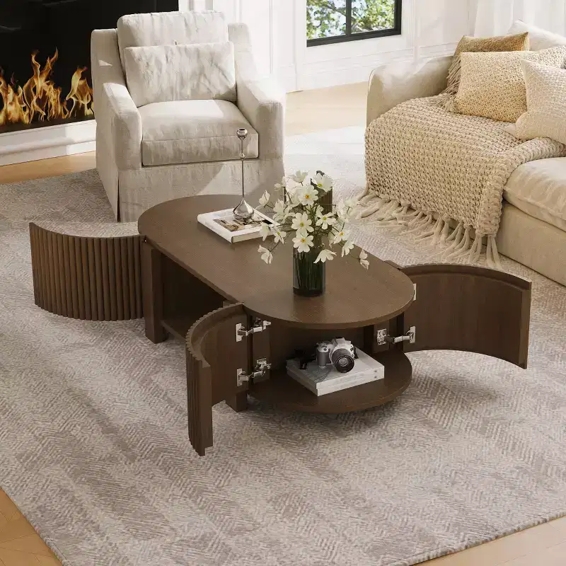 JVNOXK 47-inch oval-shaped living room coffee table with storage, crafted from solid rubberwood, featuring 1 shelf and 2 open storage doors, walnut