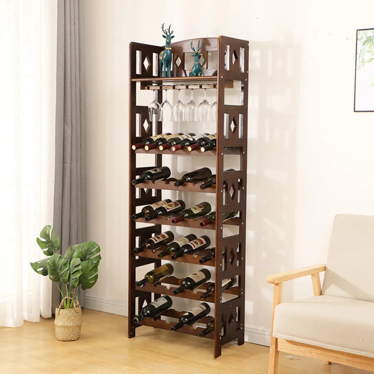 Free Standing Pine Wood Wine Racks with Bar Glass Holder Shelf