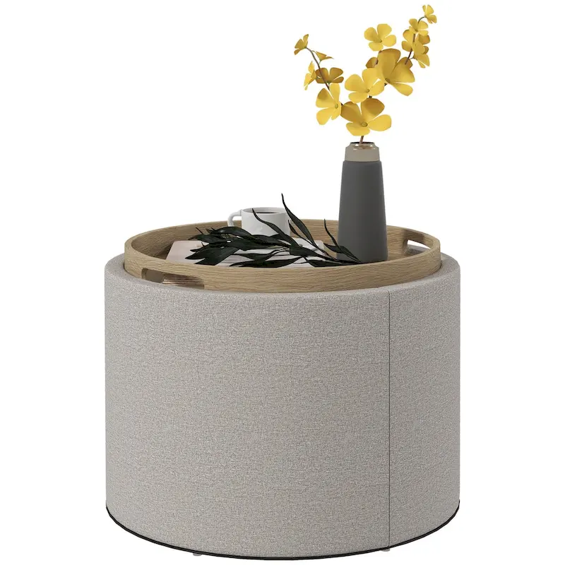 Round Storage Ottoman with Flip Top Lid and Hidden Storage
