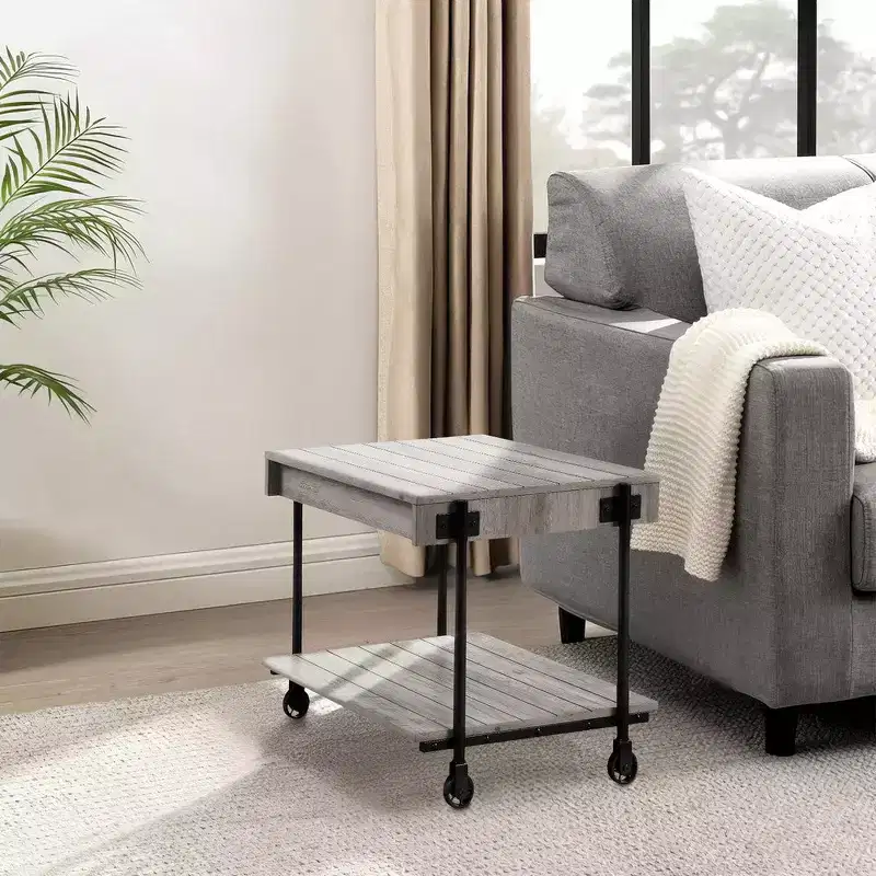 Royal Hampton 24 Inch Side End Table, Plank Design, Caster Wheels, Brown, Black
