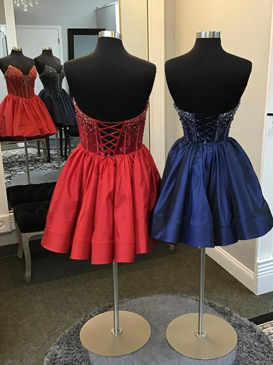 Navy Blue - V Neck A-line Short Homecoming Dress With Beadings