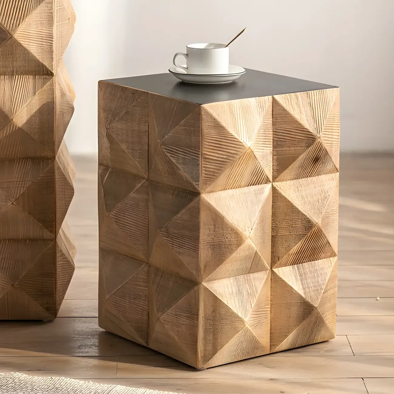 Elegant Geometric Wooden Block Accent Side Table