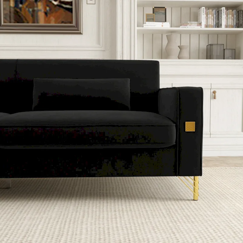 Black 85.63  Velvet 3-Seater Sofa with Gold Accents