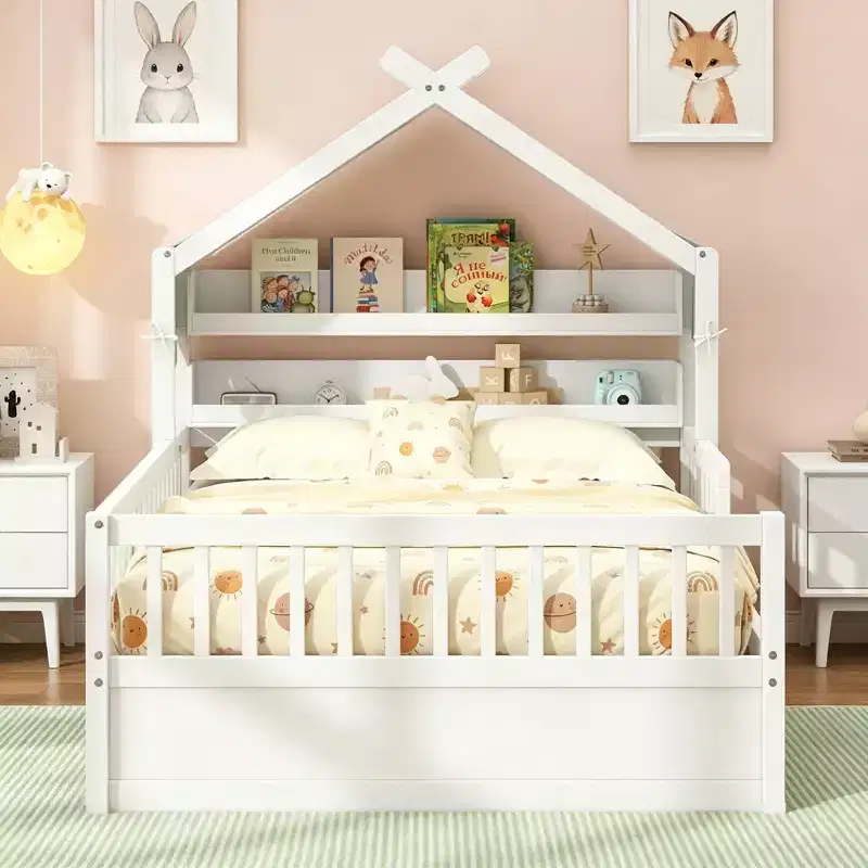 Luxystar Full Size Wood House Bed Frame with Storage Headboard Shelf and Canopy for Kid's Room
