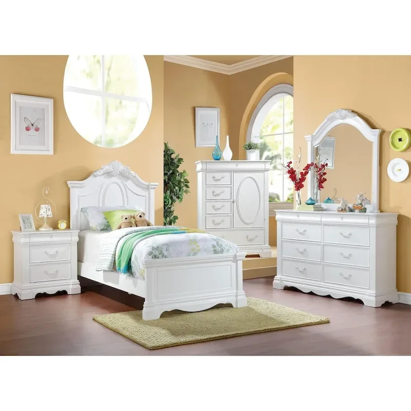 Wooden Bed with Arched Headboard in White Finish