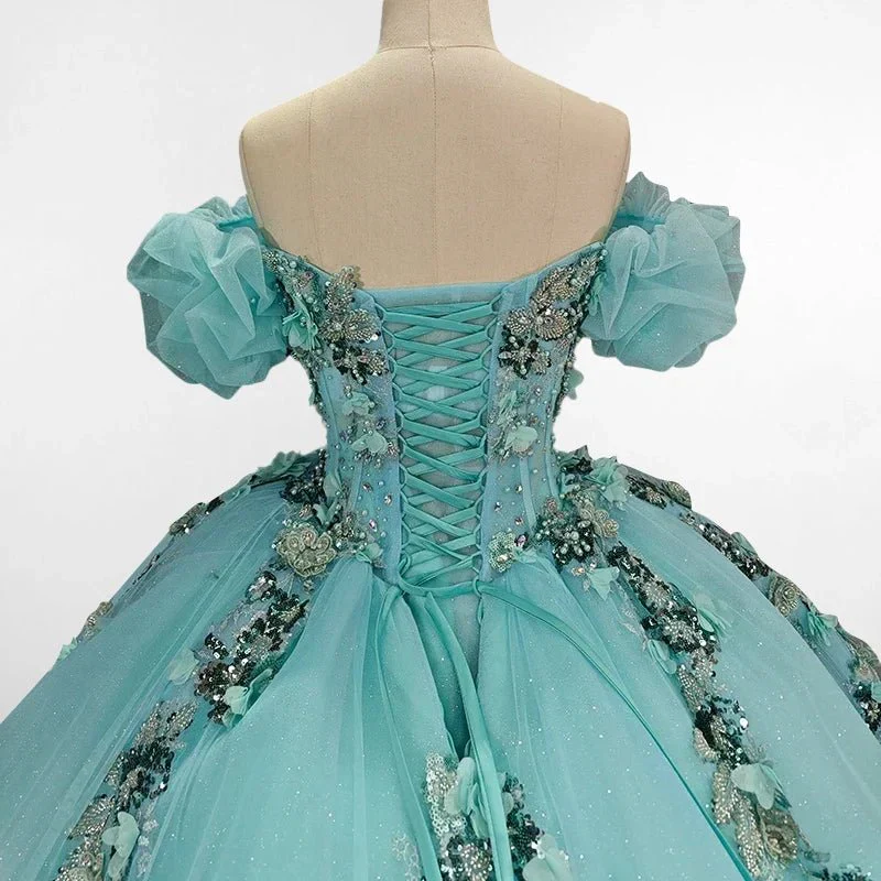Mint Green Off Shoulder Court Train Quinceañera Dress