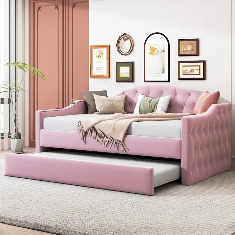 Twin Size Tufted Upholstered Daybed with Trundle ,Velvet Sofabed with USB&Type-C Charging Ports,No Box-spring Needed