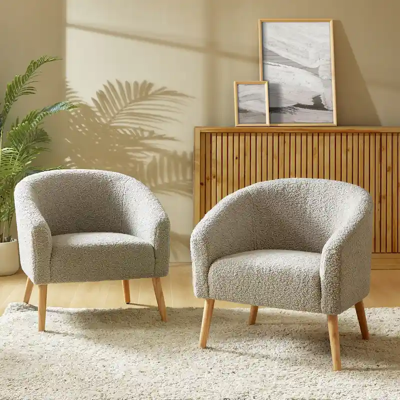 Modern Boucle Armchair with Solid Wood Legs, Set of 2