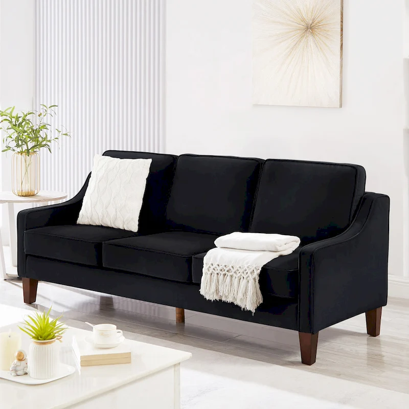 Modern 3-Seat Sofa Couch with Scooped Armrest and Wood Legs - 29.00 x 74.00 x 34.25