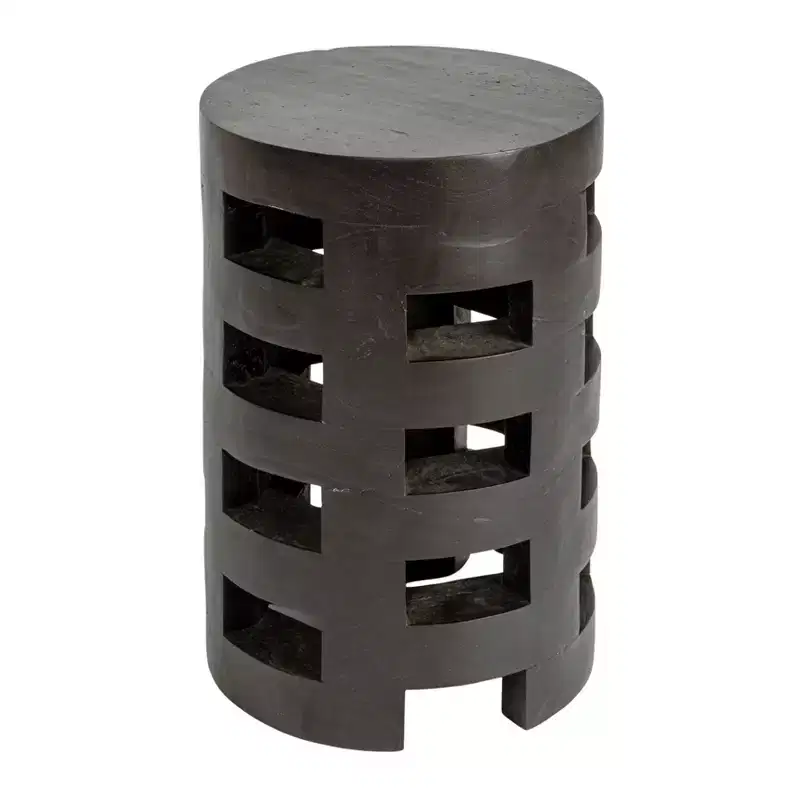 Storied Home Round Mindi Wood Stool with Textured Surface, Black