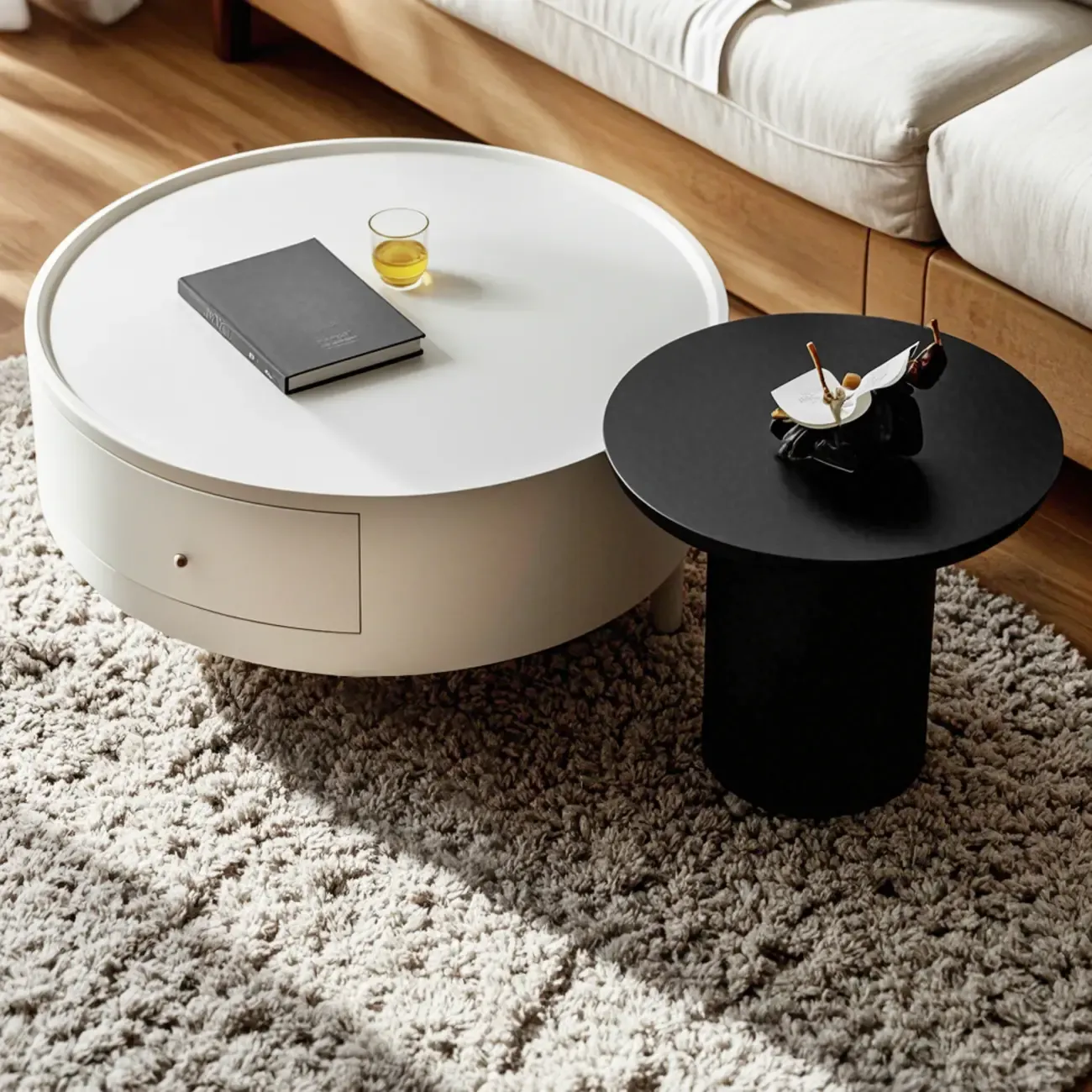 Modern Black White Wood Round Coffee Table with Storage