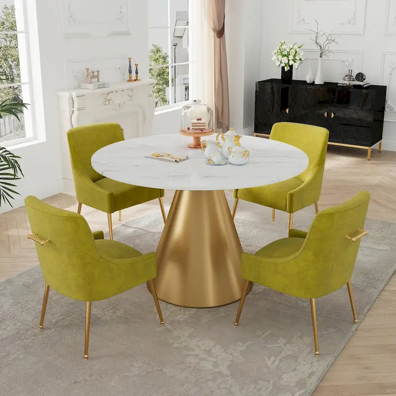 48 Marble Top Metal Dining Table with Velvet Dining Chair Set