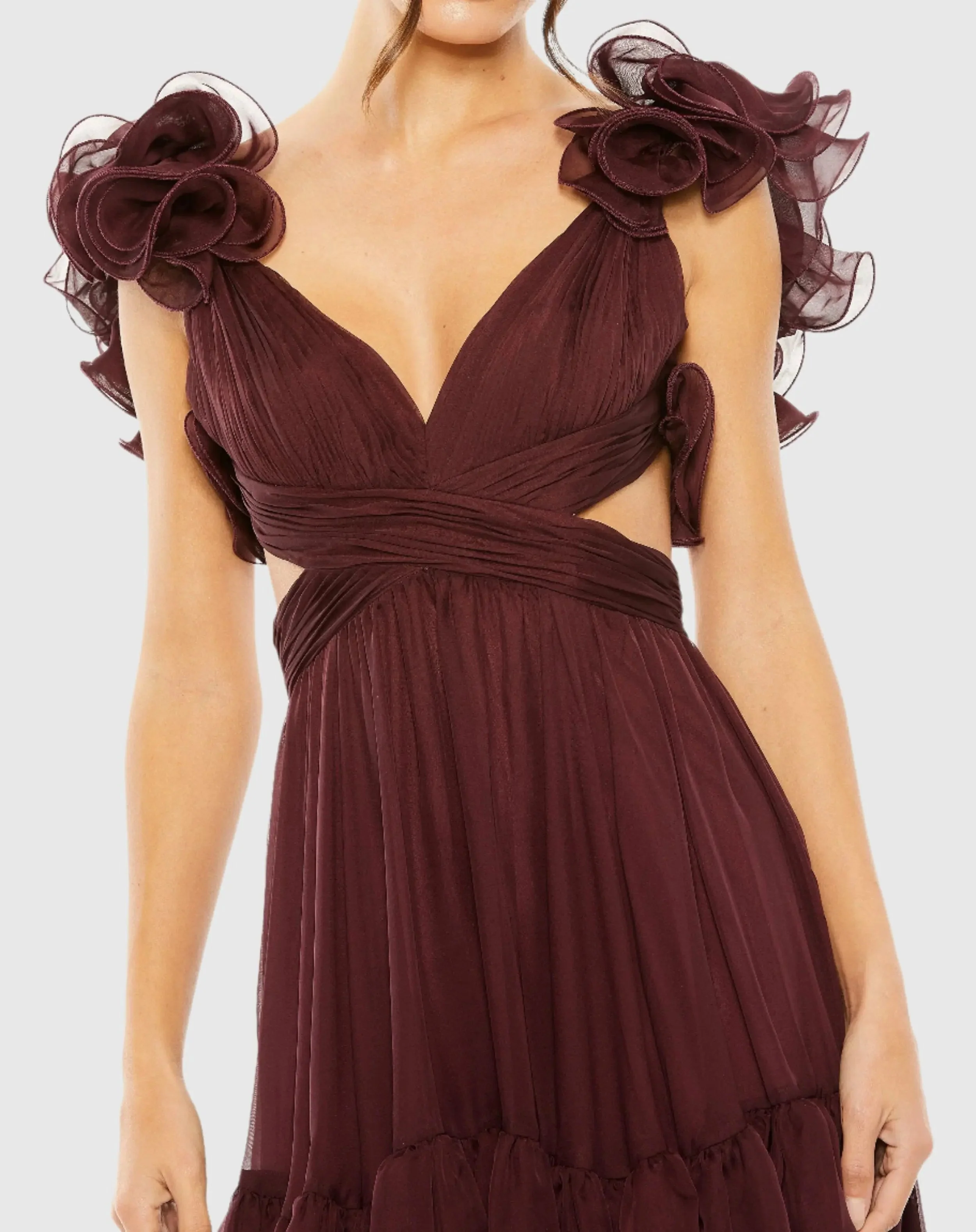 Dark Red Ruffle Tiered Cut-Out Chiffon Dress - FINAL SALE