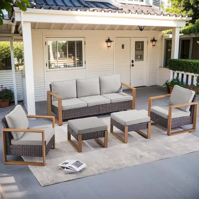 5 Pieces Outdoor Patio Rattan Furniture Sets - Brown