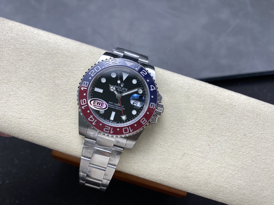 Rolex GMT-Master II Pepsi replica with EWE factory sticker - front view