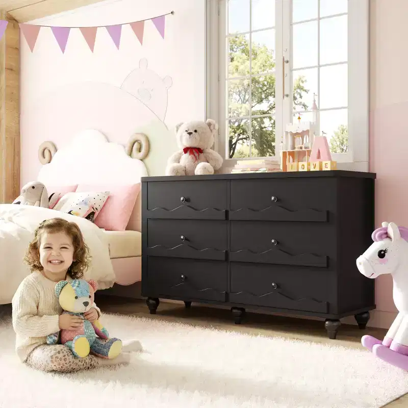 Besiost 43 Dresser with 6 Drawer, Wooden Closet Storage Cabinet with Scalloped Front