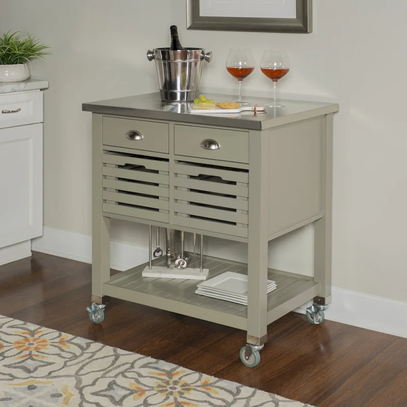 Rolling Kitchen Cart with Stainless Steel Top – Grey, 2 Drawers & Pull-Out Baskets