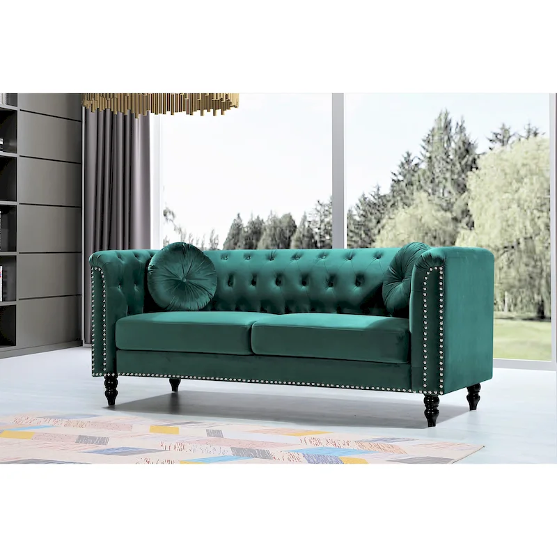US Pride Vivian Classic Velvet Kittleson Nailhead Chesterfield Sofa