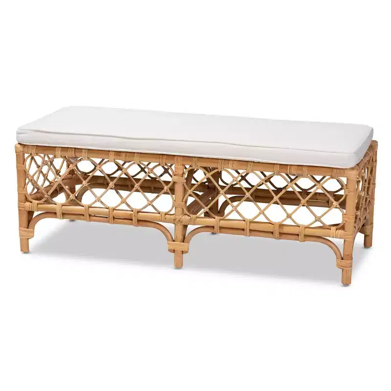 Orchard Fabric Upholstered and Rattan Bench White/Natural - bali & pari