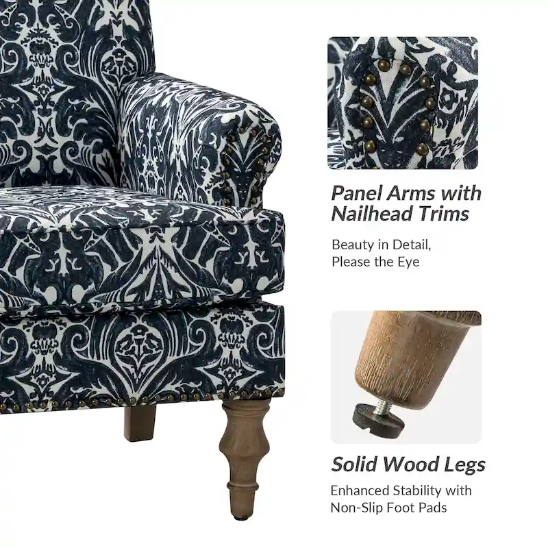 Grey/Navy Farmhouse Nailhead Camelback Armchair, 1-Person