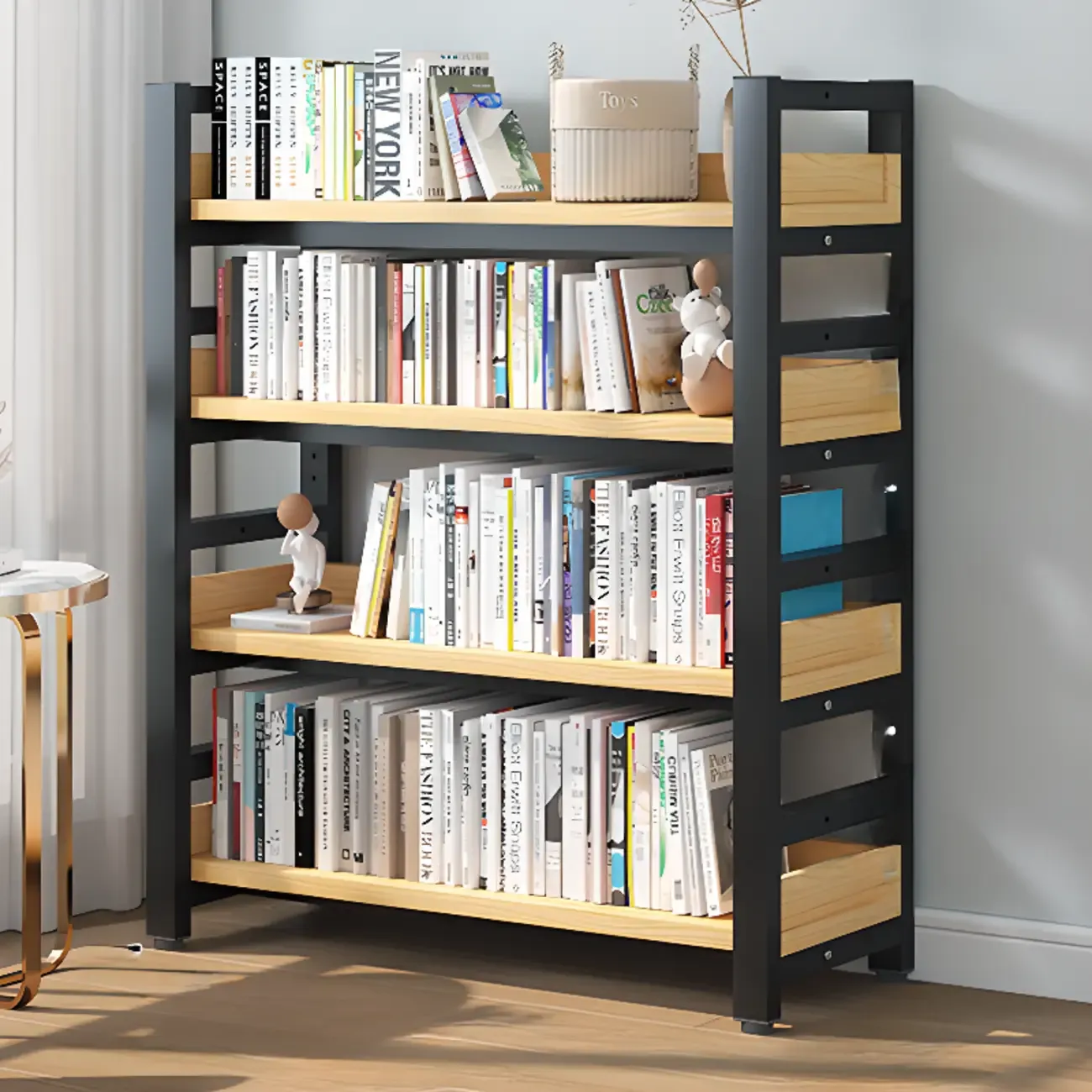 Freestanding Simple Multi-Layer Wood Bookshelf in Steel Frame