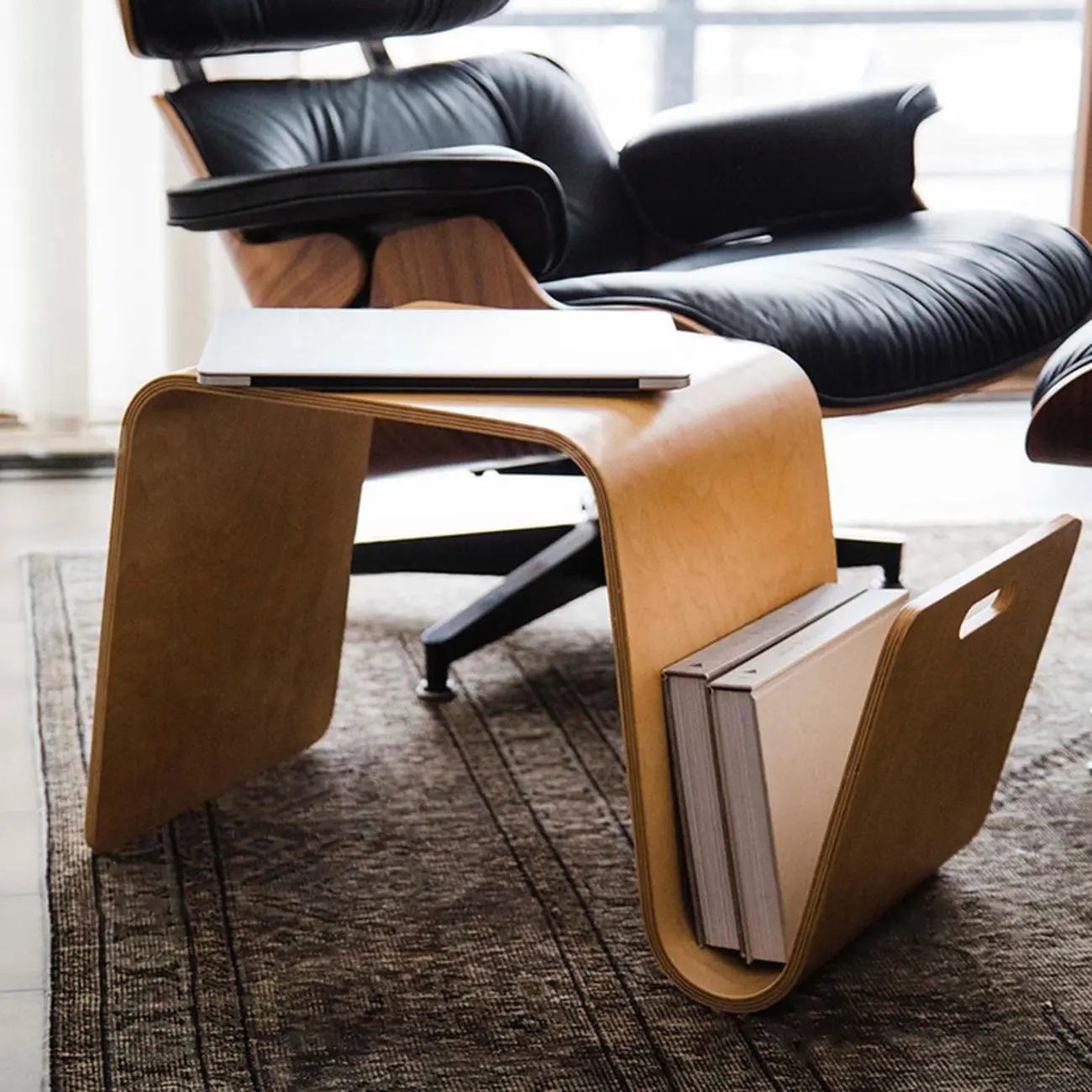 Unique Natural Wooden Side Table with Magazine Rack