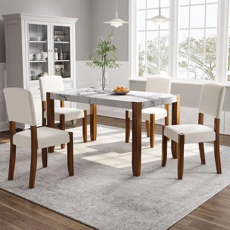 5 Piece Dining Table Set, 4 People Kitchen Dining Room Set with Faux Marble Style Table and 4 Upholstered Chairs