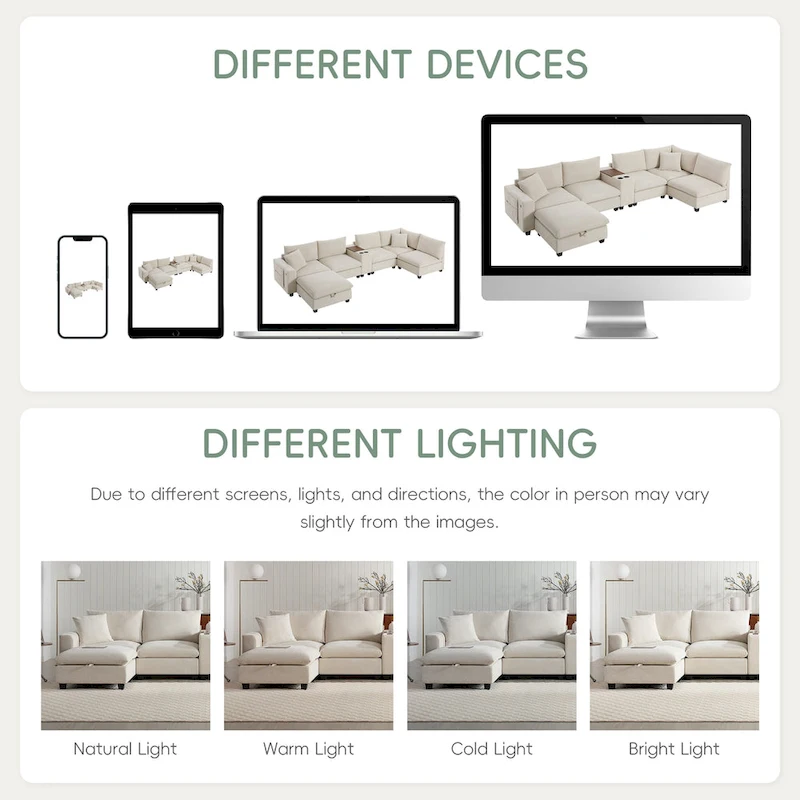 U Shaped Chenille Sofa w/Ottoman,Console,Cup Holder,Wide Seat,USB