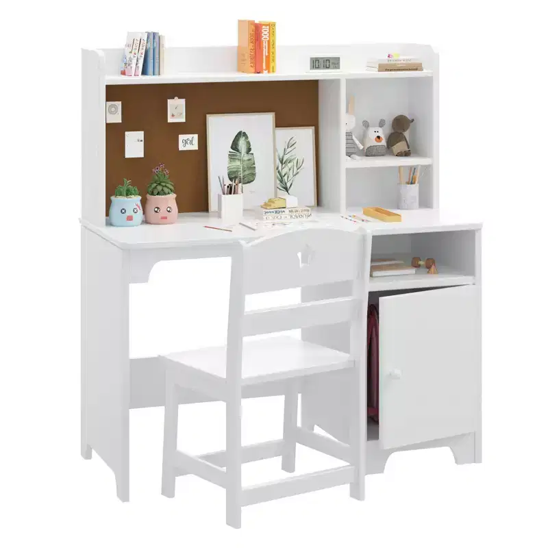 GustoWave Kids Desk & Chair Set with Hutch, Storage Cabinet, Wooden Children Student Writing Table for Kids Bedroom & Study Room