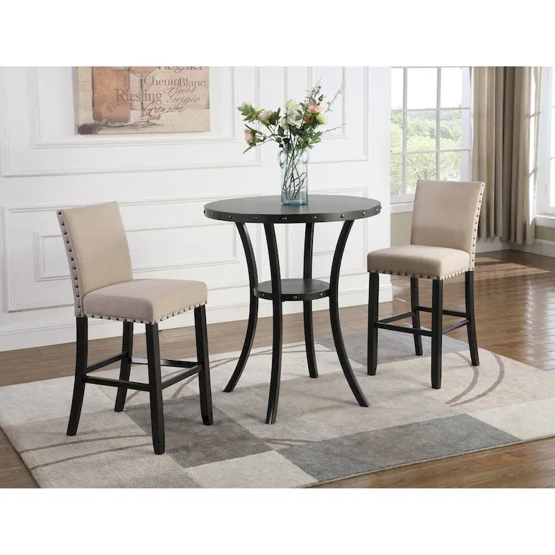Biony 3-Piece 36 Round Espresso Finish Bar Table with 2 Tan Fabric Nail Head Pub Chairs