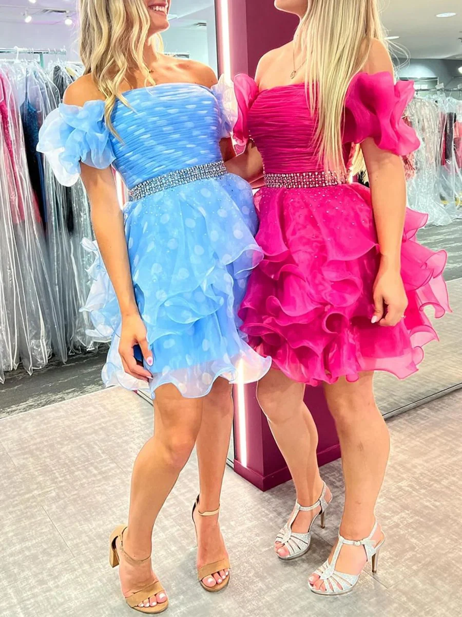 Blue - Off The Shoulder A Line Tulle Short Homecoming Dress With Beading