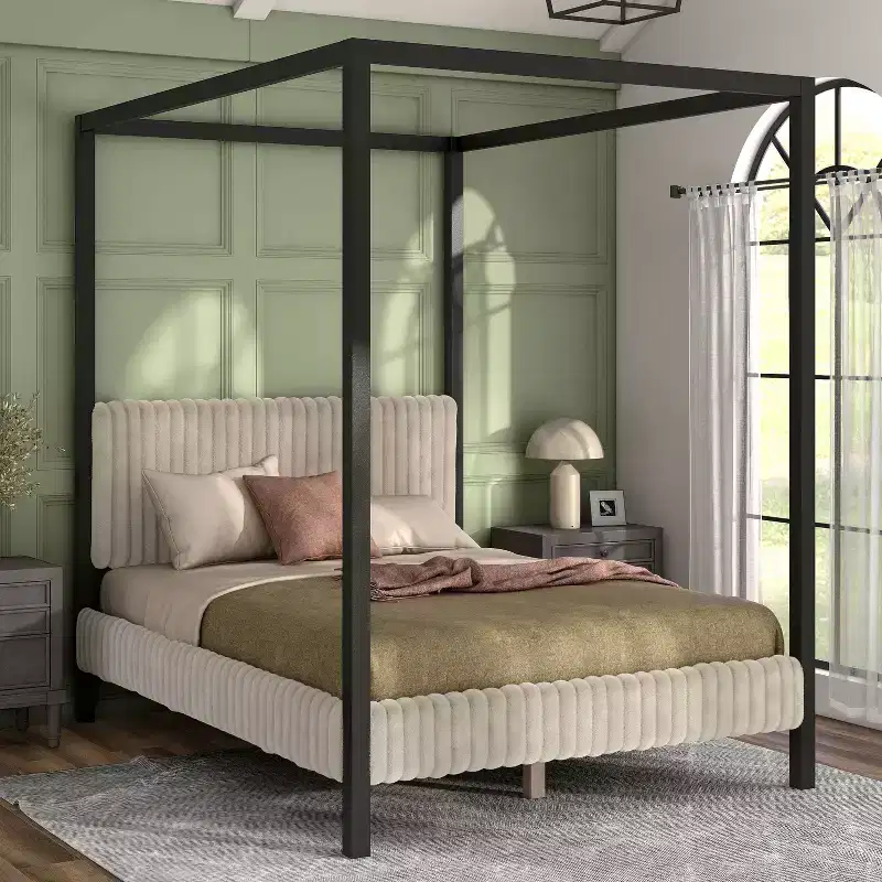 HOMES: Inside + Out Queen Barrette Canopy Platform Bed with Corduroy Upholstered Bed Light Brown
