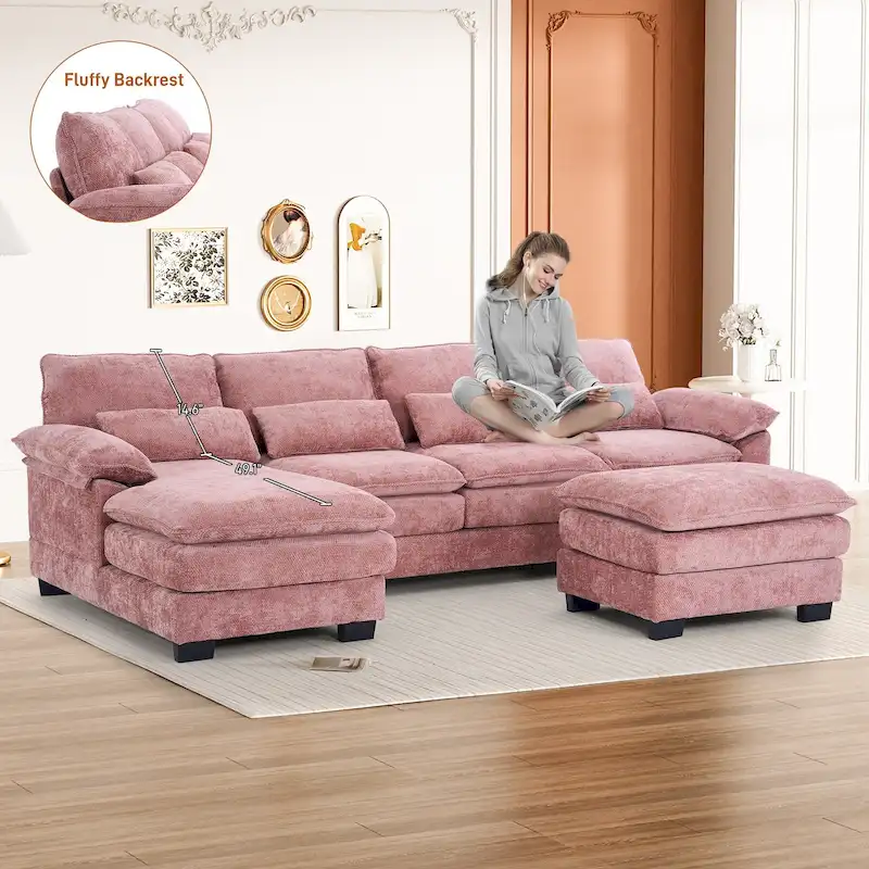Soft Chenille Fabric U-Shaped Sectional Sofa with Double Layer Cushion